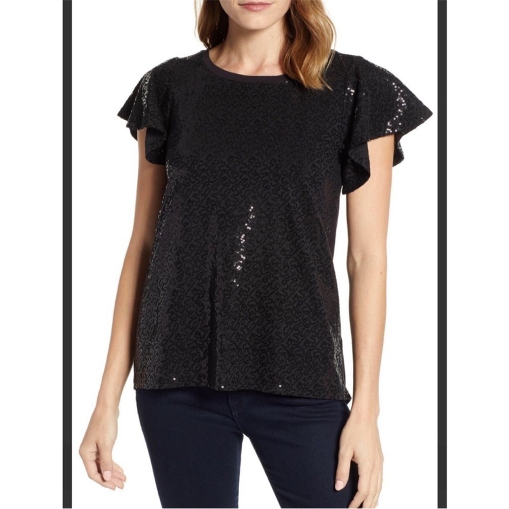 Gibson Black Sequin Flutter Sleeve Top